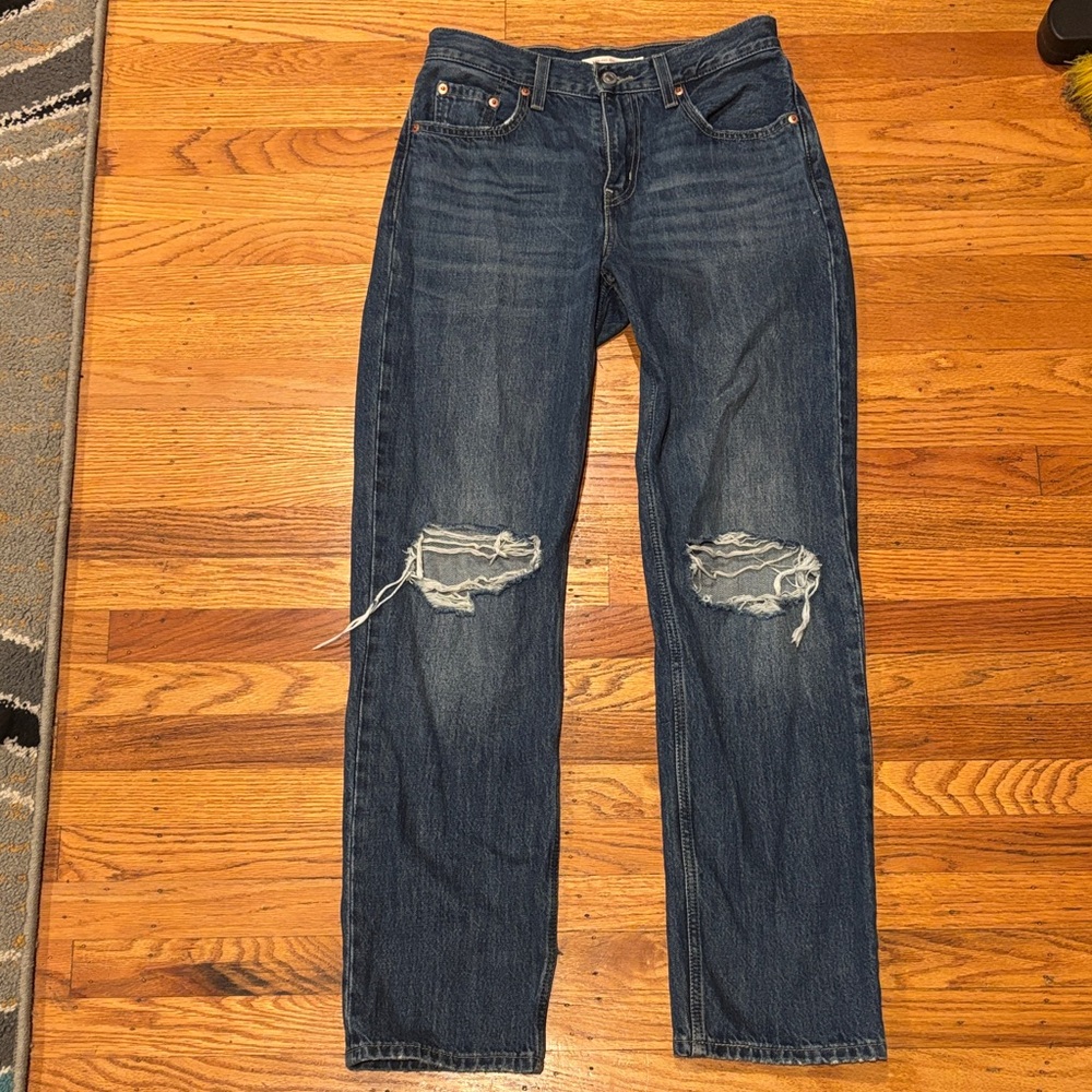 Levi's Women's Blue Straight Leg Jeans with Distressed Knees